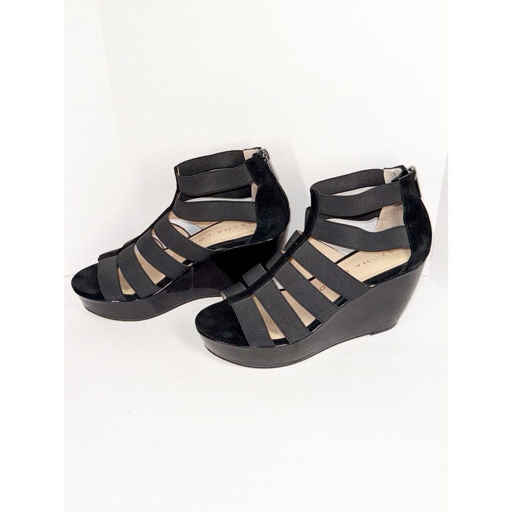 Sacha London Omega Wedge Strappy Sandal Elastic Black Patent Leather Classic 7.5 - Picture 2 of 14